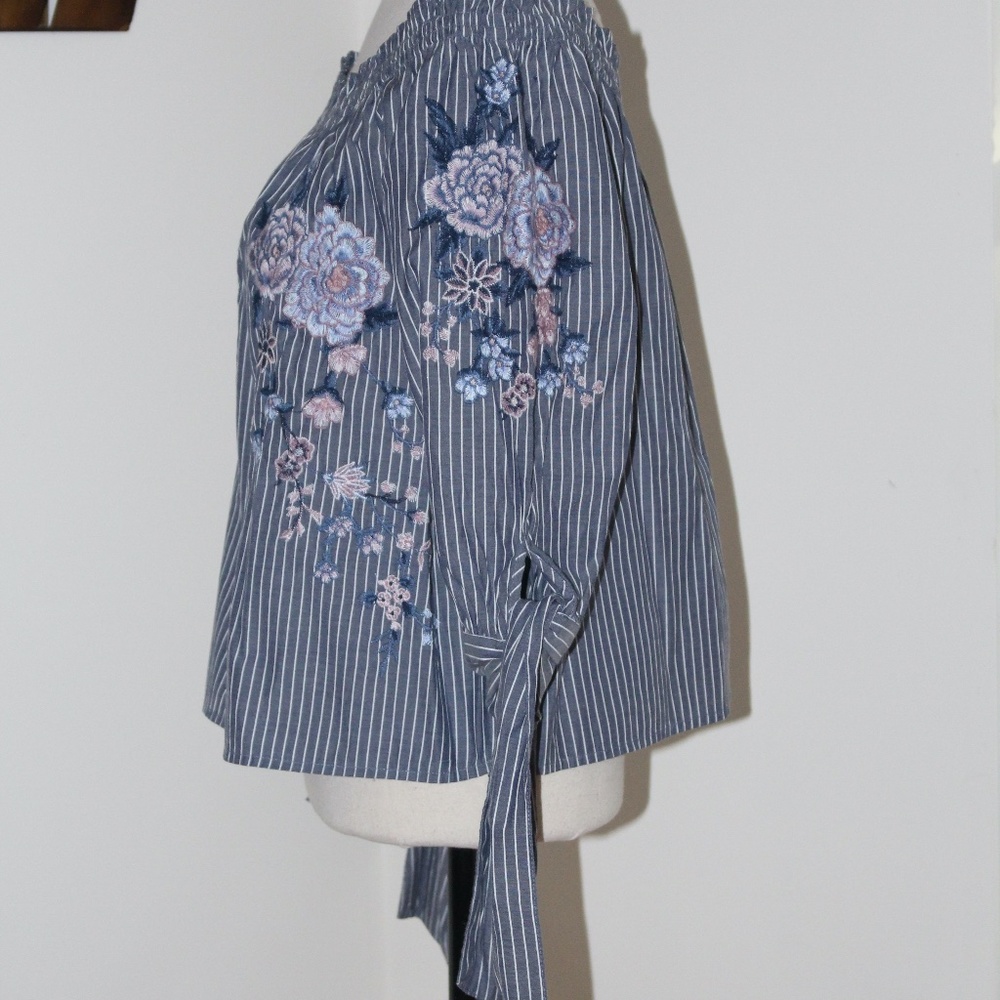 AEO flower embroidered stripe off the shoulder top...... - Picture 3 of 9